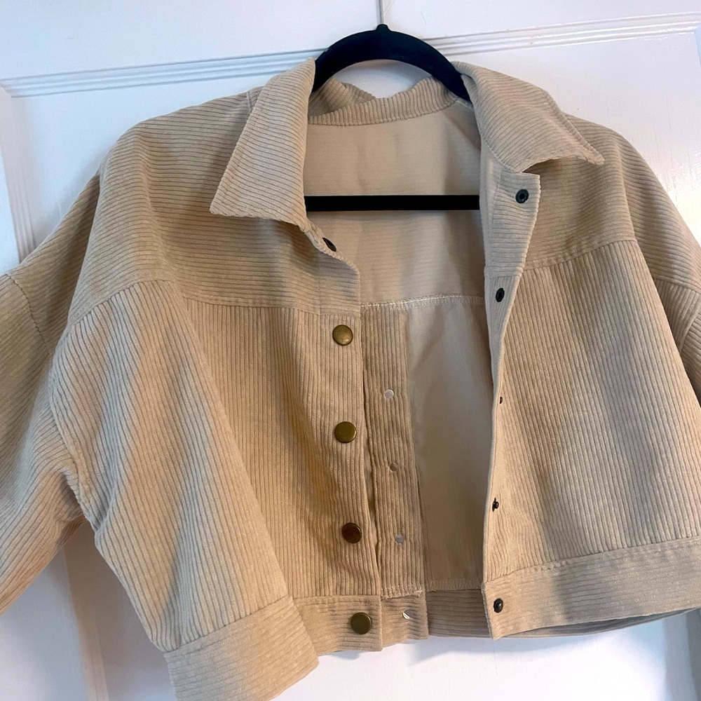 Beige button down cropped corduroy shacket